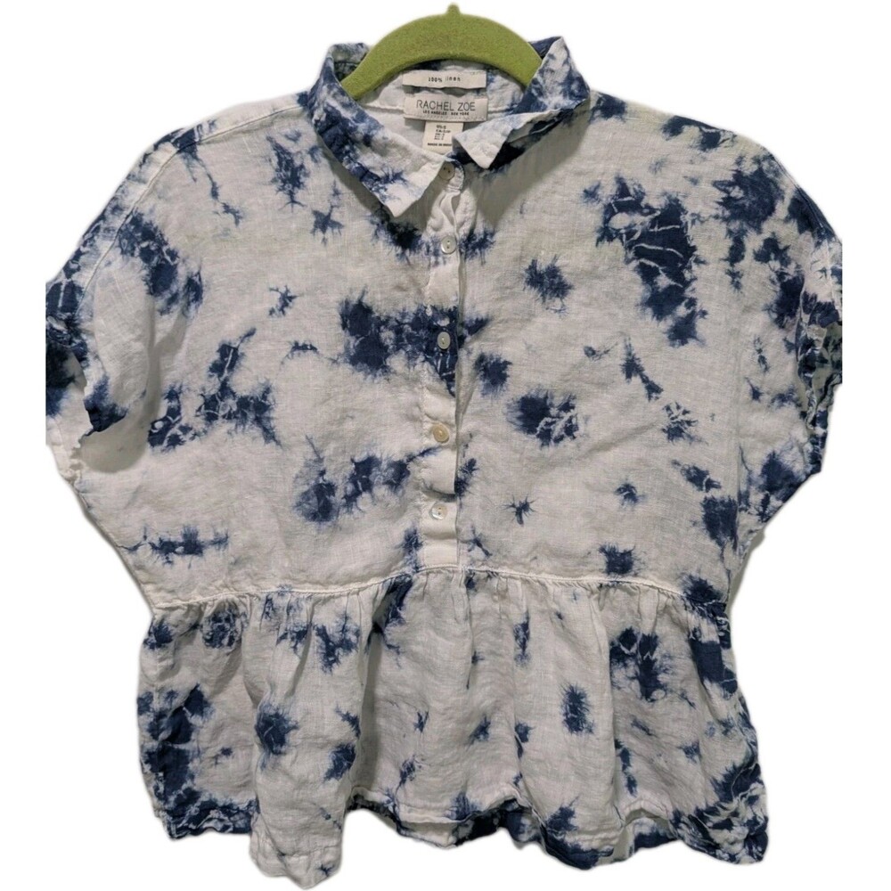 Rachel Zoe 100% Linen Small Dolman Sleeve Tie-dye Peplum Blouse Blue White